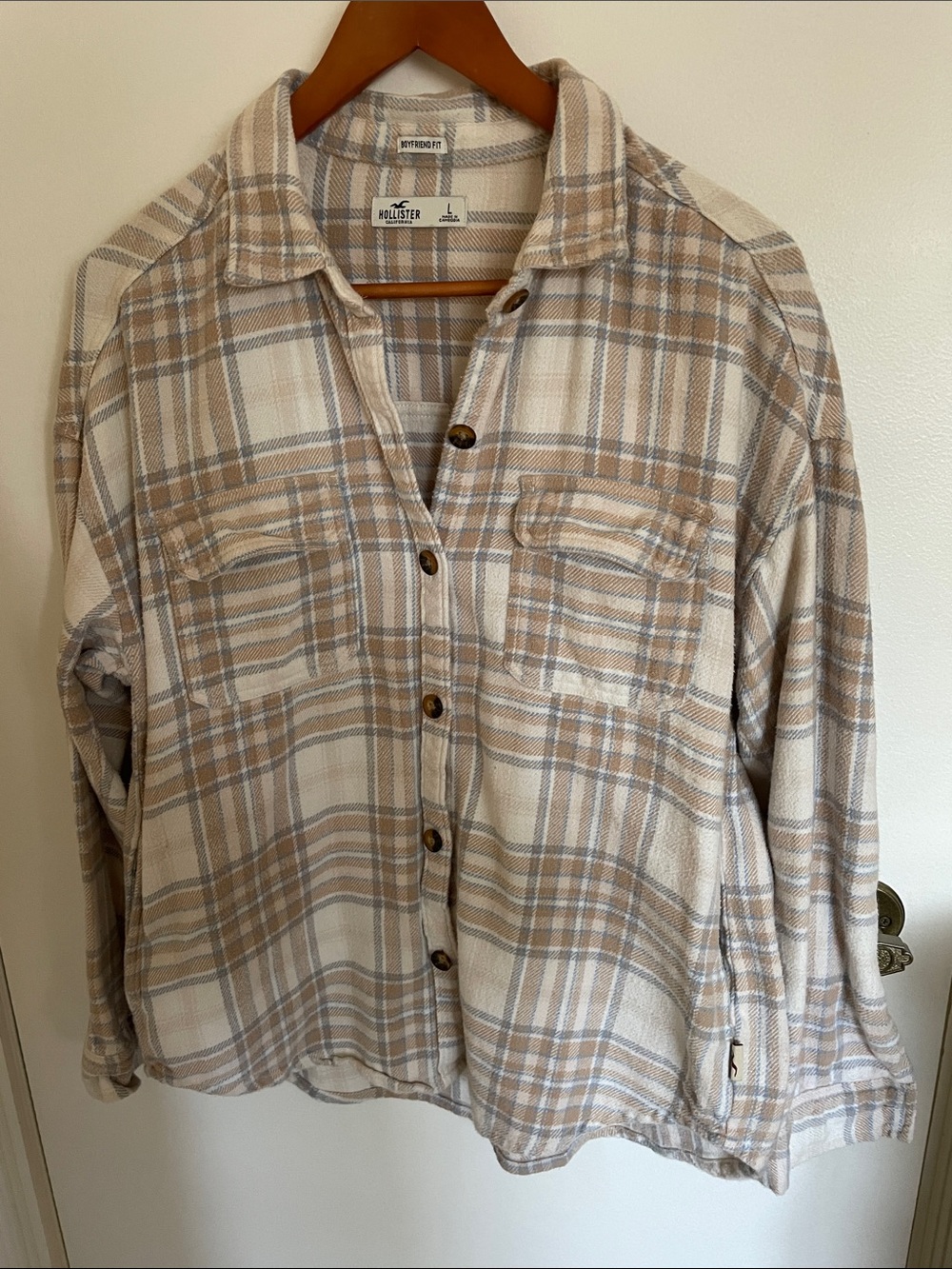 Hollister Beige & Gray Plaid Casual Button-Down Shirt